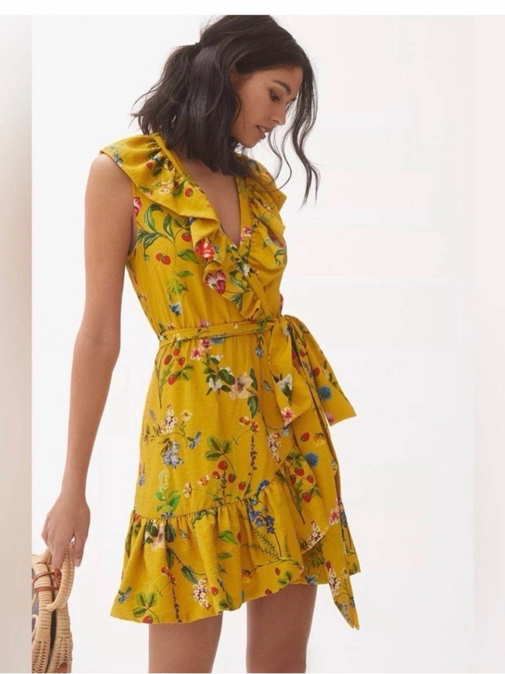 Anthropologie Yellow Floral Ruffle Wrap Mini Dress